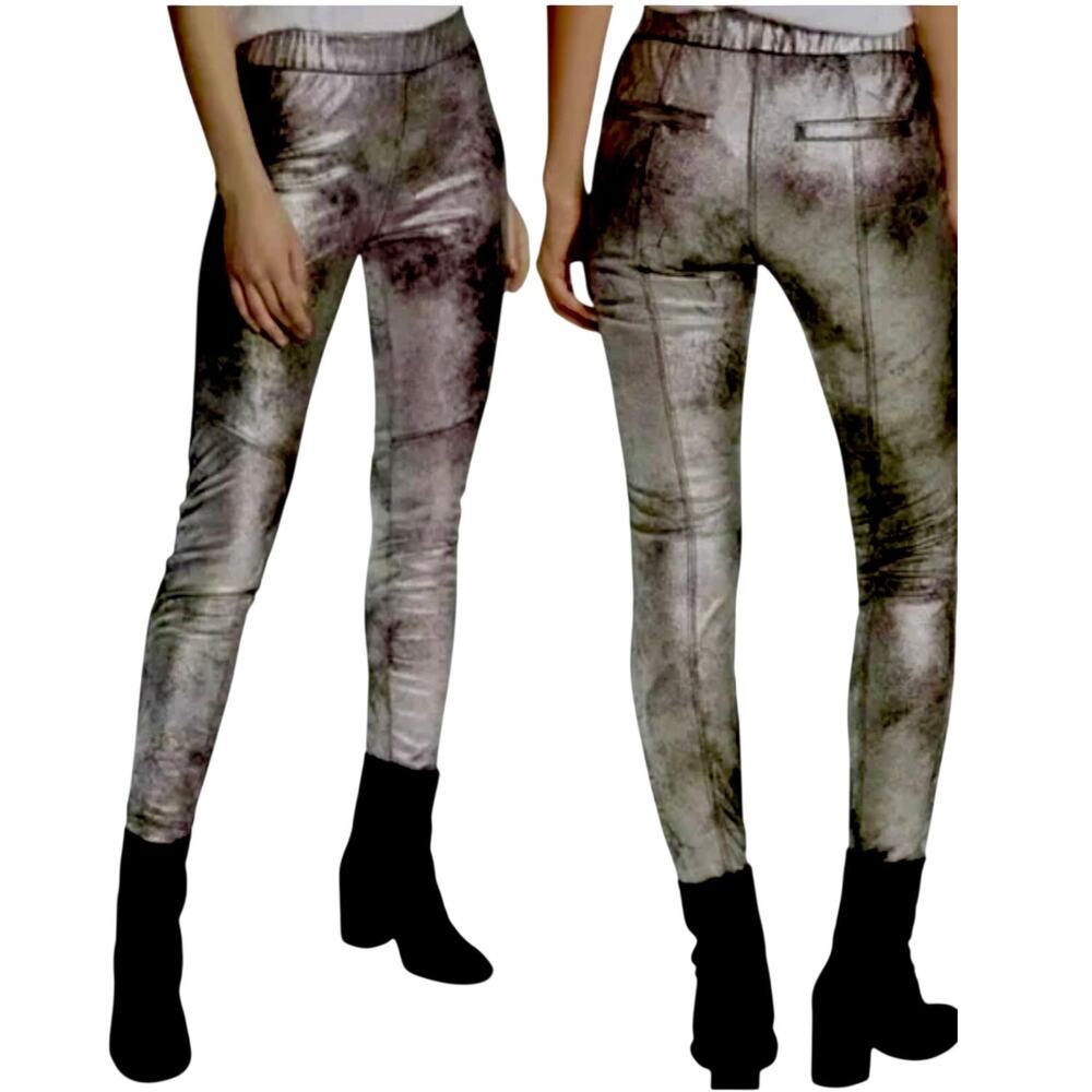 NWOT FREE PEOPLE Rio High Rise Skinny Pants Foil Silver Printed Vegan Fits Sz 27